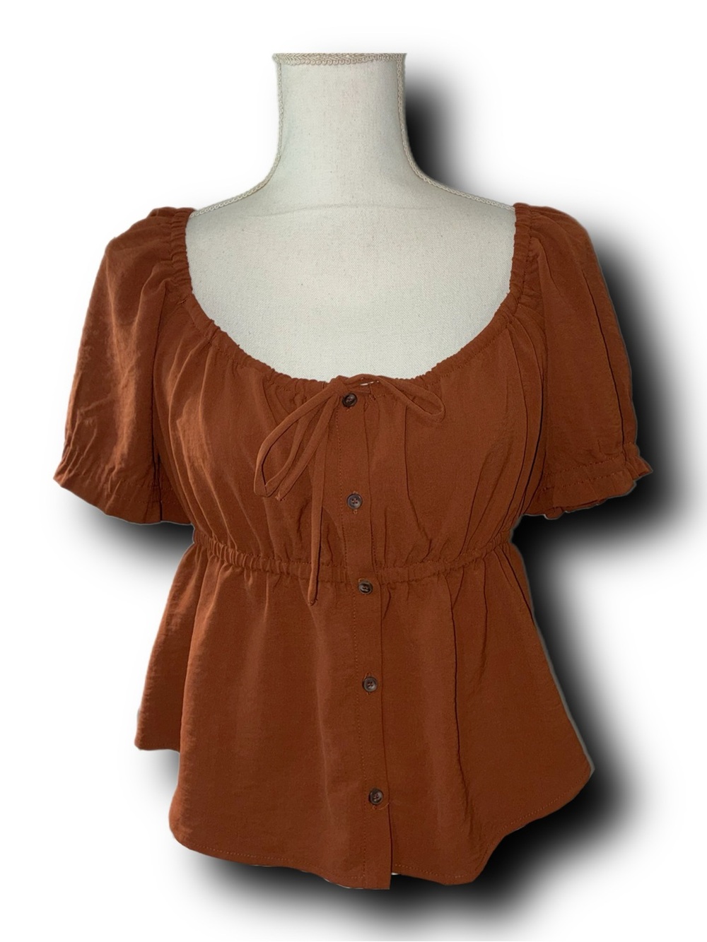 Urban Social Peplum Puff Sleeve Boho Ren Faire Button-Front Top Fall Terracotta